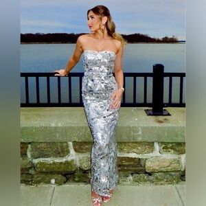 Helsi Leslie Strapless Stretch Sequin Mesh Midi Dress Platinum